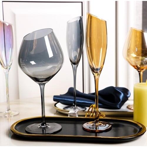 Distinguished Art 200-600ml Oblique Cut Goblet Family Bar Rainbow Color Smoky Gray Amber Red Wine Cup Champagne Wine Drinkware