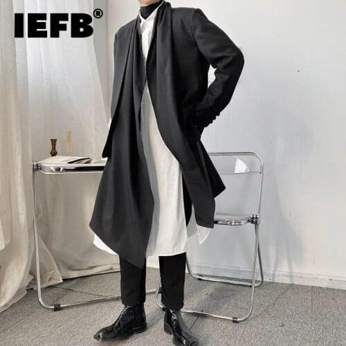 IEFB 2021 Autumn Mens Splicing Irregular Deconstruction Suit Coat Fake Two Pieces Design New Black Trend Mid Long Blazer 9Y9268