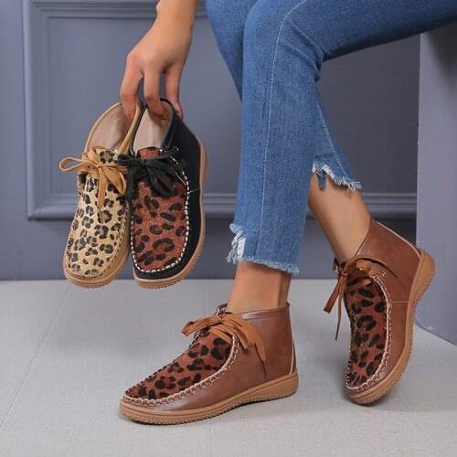 Womens Shoes Leopard Print Patchwork Boots Female Sewing Plush Short Bots Fashion Flsts Lace Up