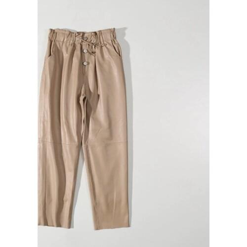 Women Pants 100% Genuine Sheep Leather 2019 Fashion Real Natural Sheep Leather Crop Jeans Elastic Belt Waist Trousers