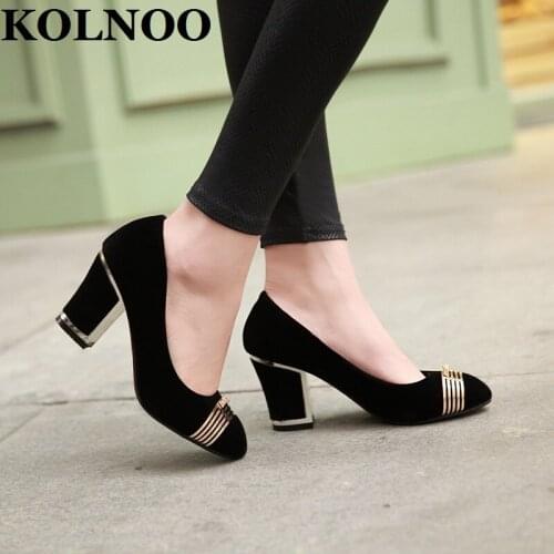KOLNOO Handmade Ladies Chunky Heels Pumps Goose-Down Leather Slip-On Sexy Evening Party Prom Fashion Summer Court Shoes T511