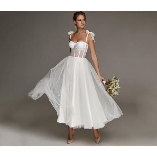 New 2021 Illusion Wedding Dress Thin Tulle Spaghetti Straps Sweetheart Zipper Back Tea Length Bridal Gowns Robes Sleeveless