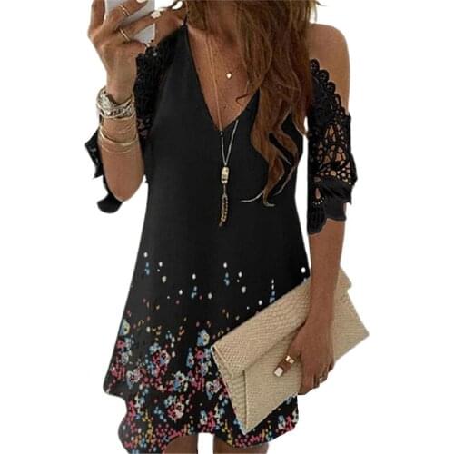 Women Dress Fashion Mini Dress Sling Printed V Neck Off Shoulder Hollow Out Patchwork Dress Printed Hollow Out Dress Women 3XL