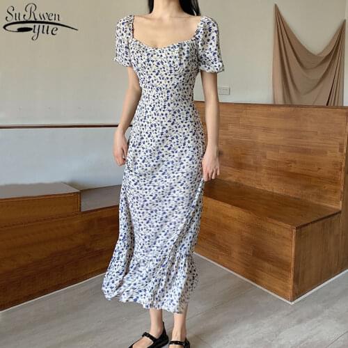 Spring Summer Dress Vintage Square Collar Womens Dress Print Floral Slim Ruffled Chiffon Dress Over-the-knee Long Dress 14581