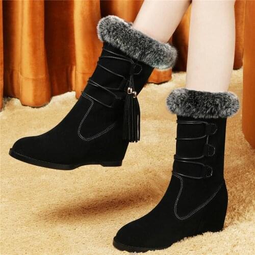 Winter Casual Shoes Women Genuine Leather Wedges High Heel Motorcycle Boots Female Warm Rabbit Fur Pumps Shoes Platform Oxfords