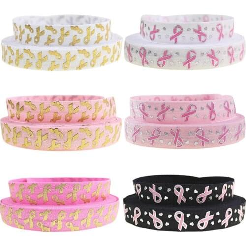5/8inch Silver Breast Cancer Awareness Fold Over Elastic Hair Band FOE elastic for girl hair tie DIY