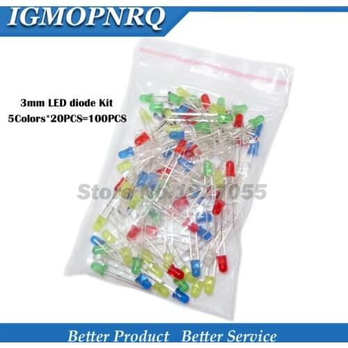 5Colors*20PCS=100PCS 3mm LED diode Light Assorted Kit White Yellow Red Green Blue each 20pcs Component package NEW