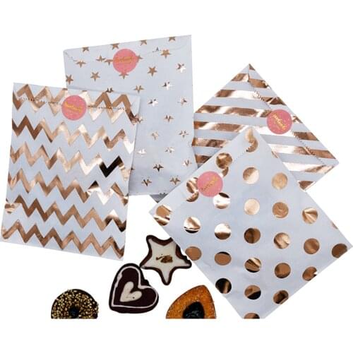 5pcs Cookies Candy Bags Rose Gold Party Favor Gift Bags Chevron Polka Dots Twill Stripe Pattern Paper Pouch Baking Supplies
