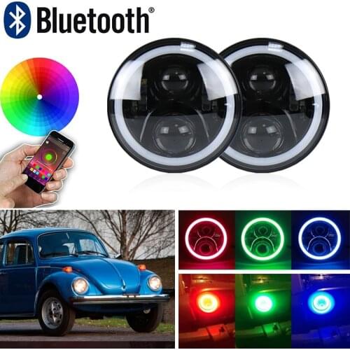 Auto Car 7" inch Round Headlight Kits For VW Beetle Classic 1950-1979 W/ Bluetooth RGB DRL Halo Ring Hi/Low Beam DOT Approved