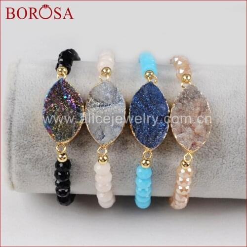 BOROSA Marquise Gold Color Galaxy Quartz Titanium Druzy Rainbow Chalcedony With Rainbow Faceted Beads Bracelet for Women G1280