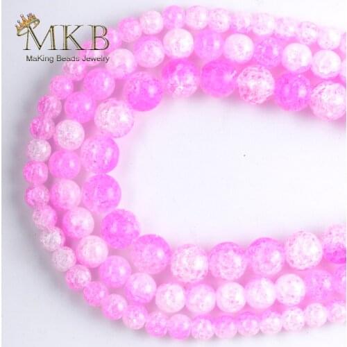 Natural Stone Pink White Snow Cracked Crystal Beads For Jewelry Making 4mm-10mm Round Beads DIY Handmade Bracelet Jewellery 15"