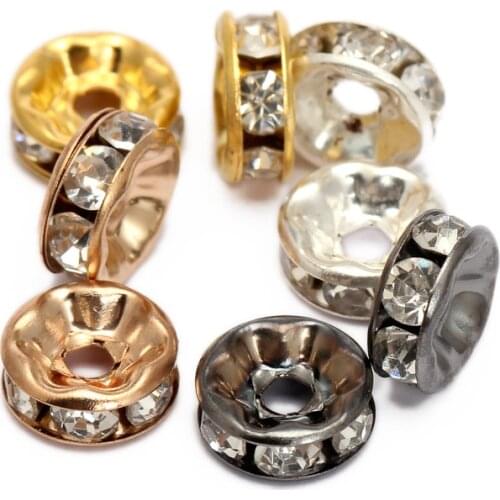 REGELIN 6/8/10mm gold color Rhinestone Rondelles Crystal Beads Metal Loose Spacer Beads 100pcs/lot for DIY Jewelry Accessories