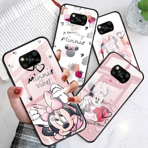 Pink Minnie Cartoon Cute for Xiaomi POCO X3 NFC F3 M2 X2 F2 Redmi K30 Redmi Note 9 Pro Luxury Tempered Glass Phone Case Cover