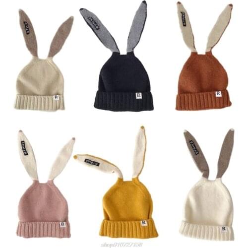 Korean Women Girls Autumn Knitted Beanie Hat Cute Long Rabbit Ears Letters Patch Student Stretchy Warm Cosplay JY09 21 Dropship