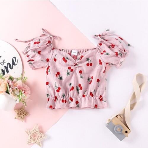 Toddler Kids Baby Girls Short Style T Shirts Puff Sleeve Cherry Printed Tees Shirts Pink Children Crop Tops Clothing Summer 2-7Y