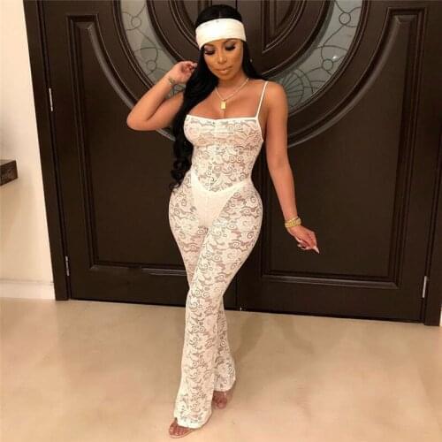 Lace Jumpsuit for Women Sexy Fashion Sleelveless See Through Mesh Romper Jumpsuits Playsuits Party Club Outwear Outfits 2020 New
