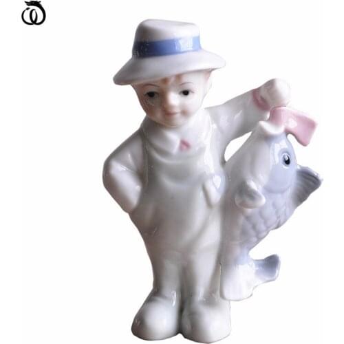 Boy And Fish Arts Sculptur Decoration Abstract Character Ceramic Craft Modern Home Decor LivingRoom Accessories Lucky Gift R7286
