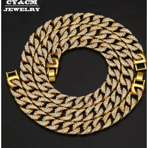 Thick Miami Cuban Link Chain Gold Silver Color Rhinestone Iced Out Hip Hop Bling 13mm 30" Iced Out Hip Hop Chain 8" Bracelet Set
