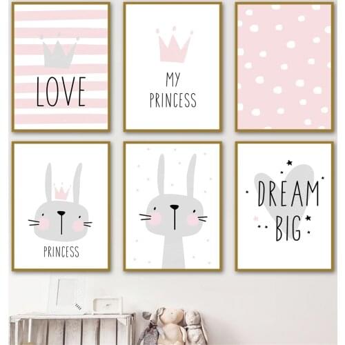 Abstract Gray Rabbit Wall Art Poster Pink Princess Crown Print Love Quotes Canvas Painting Nordic Pictures Baby Kids Room Decor