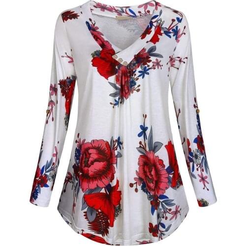 Plus Size Fashion Floral Blouse Shirt Loose Buttons V-Neck Tops Tee Casual Ladies Tops Female Women Long Sleeve Blusas Pullover
