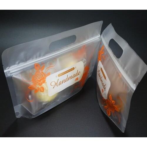 Handcraft Printed Handle Bag 100pcs Matte Transparent Orange Flower Print Plastic Zip Pouch Fruit Preservation Packing Food Sack