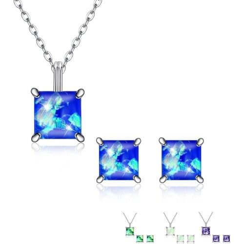 SILVERHOO S925 Sterling Silver Chain Necklace For Women Cube Opal Pendant Individual Stud Earrings and Necklace Sets