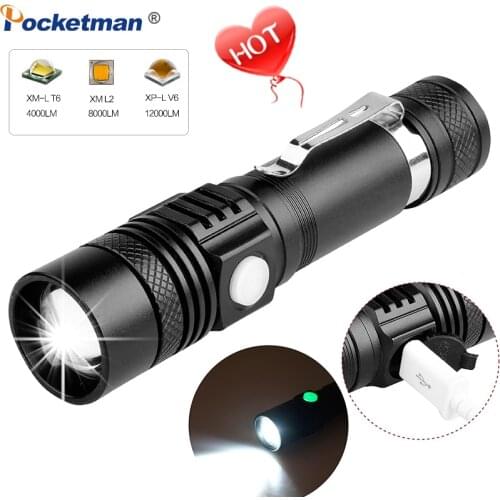 Super Bright LED Flashlight USB Lantern LED Torch T6/L2/V6 Power Tips Zoomable Bicycle Light 18650 Rechargeable Hiking Camping