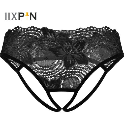 Mens Lingerie Sissy Panties Floral Lace See Through Sheer Crotchless Underwear Low Rise Elastic Waistband G-string Thong Briefs