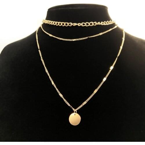 Vintage Multilayer Necklace with Round Plate Decor Plated Alloy Neck Pendant Choker Jewelry Gift for Women Golden TT@88