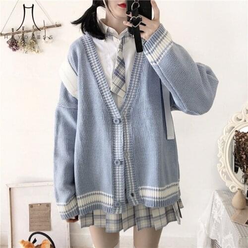 Japanese Student Sweater All-match Oversize Kawaii Fashion Girls Chic Knit Top Cardigan Women Striped Retro Classic Preppy Style