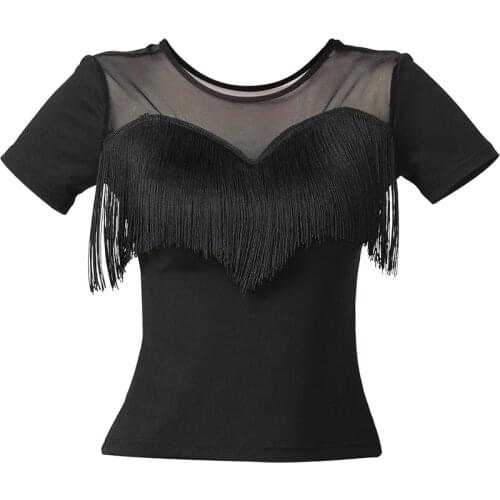 New Adult Women Latin Tops Short Sleeved Tassel T-shirt Stage Competition Dancewear Ballroom Samba Dancing Practice Costume