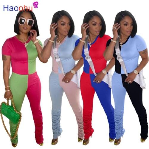 HAOOHU Patchwork Women Matching Sets Fashion T-shirt and Stacked Ruched Pants Two Piece Set Active Tracksuit Sweatsuit