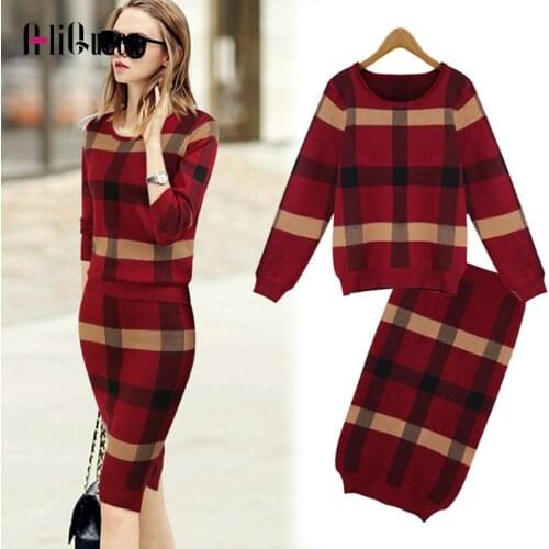 2019 Winter Women Sweater Set Autumn Striped Long Sleeve Sweater Pullover + Bodycon Skirt Sets Knitted 2 Piece Sets Runway Suit