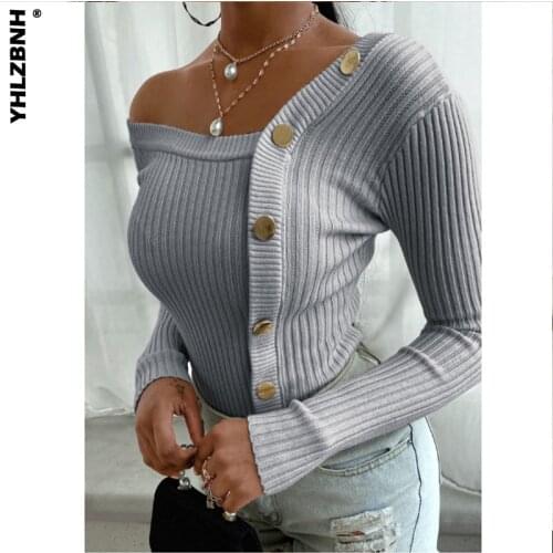 YHLZBNH Winter Autumn Women Button Off Shoulder Knitted Sweater Jumper Strapless Pullover Long Sleeve Knitwear Female Streetwear