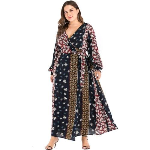 Floral Bohemian Dress 5XL Plus Size Women 2021 Summer V Neck Lantern Long Sleeve Floral Print Maxi Long Dresses Boho Beach Dress