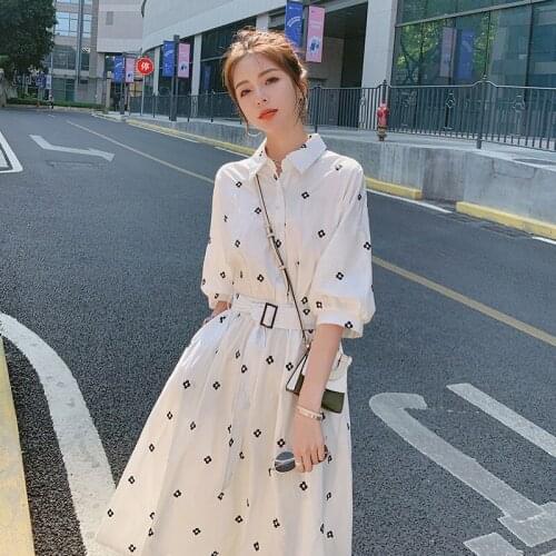 White Fashion Dress Womens 2021 Summer New Belt Middle Sleeve Print Temperament Sweet Dress