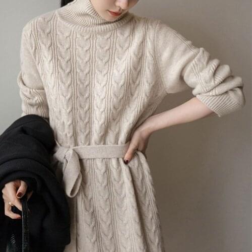 Dress Women Knitting Solid Color Turtleneck Pullove Long Retro 2021 Autumn Winter New Korean Fashion Long Sleeve Casual