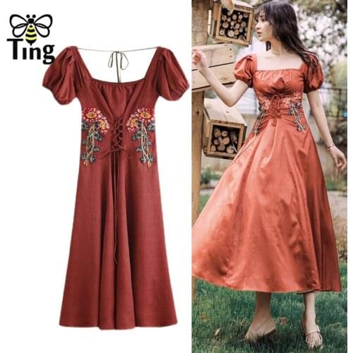 Tingfly Vintage Elegant Victorian Square Collar High Waist Lace Up Women Dress Midi Long Casual Fashion Street Dresses Frocks