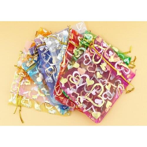 100pcs Heart Jewelry Organza Bags Candy Gift Packaging Bag Wedding Birthday Christmas Gift Packing Bag Pouch 7*9 10*12 13*18cm