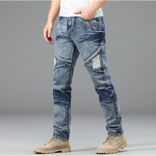 2021 Jeans Men Straight Trousers Male High Quality Soft Slim Fit Ripped Denim Designer Casual Biker Pants Pantalon Hombre Homme