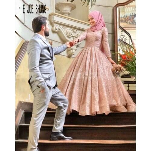 E JUE SHUNG Shining Rose Gold Sequin Muslim Wedding Dresses High Neck Long Sleeves Arabic Islamic Ball Gown Bridal Gowns mariage