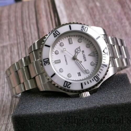 BLIGER SEA Big White Mechanical Men Watch MIYOTA 8215 NH35A Movement Rotating Bezel No Magnifier Brushed Oyster Strap