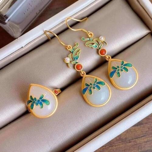 Natural Hetian Jade Water Drop Earrings Sterling Silver Gilding Authentic Old Beijing Burnt Blue Earrings Womens Sterling Silve