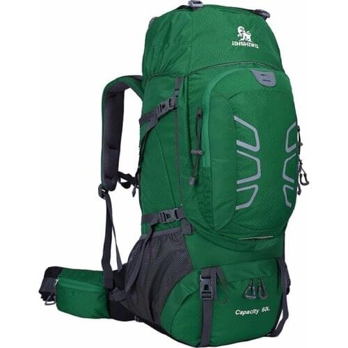 Hot 60L Outdoor Camping Climbing Hiking Reflective Strips Backpacks Sports Waterproof Wear Resistant Nylon Traveling Riding Bag