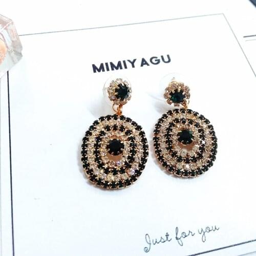 Korean OVAL shining crystal stud earring for women white mix green luxury wedding party jewelry
