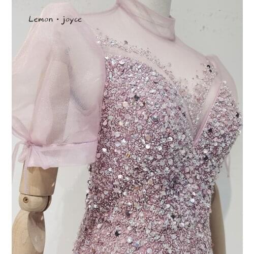 Mauve Pink Evening Dresses 2021 High Neck Short Sleeves A-Line Beading Formal Dress For Woman Evening Gowns