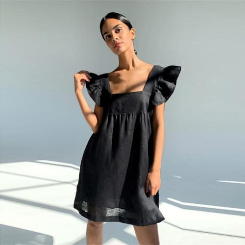 NEWDISCVRY Square Collar Ruffles Sleeve Mini Sweet Dress Woman Backless High Waist Loose Pocket Solid Color Party Dress Summer