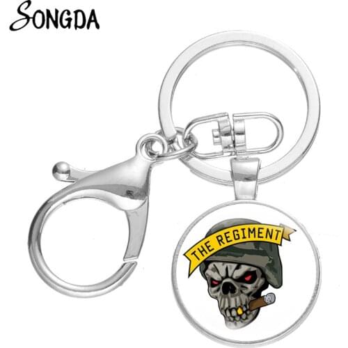 Cartoon Soldier Skull Keychain Funny Cool Key Chain Keyrings Clasp Buckle Glass Cabochon Punk Jewelry Accessories Gifts Llaveros