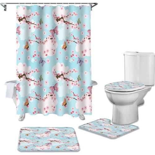 Cherry Blossoms Flower Butterflies Shower Curtains Set Bath Mat Set Toilet Cover Waterproof Bathroom Shower Curtain and Rug Sets