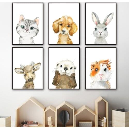 Nursery Wall Art Canvas Painting Rabbit Cat dog Guinea Pig Moose Otter Nordic Posters And Prints Wall Pictures Kids Room Decor